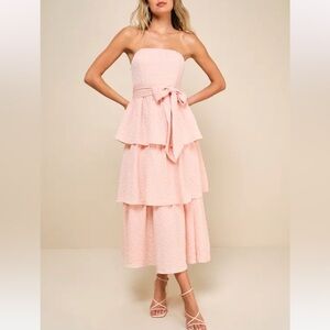 Blush Pink Jacquard Strapless Tiered Midi Dress